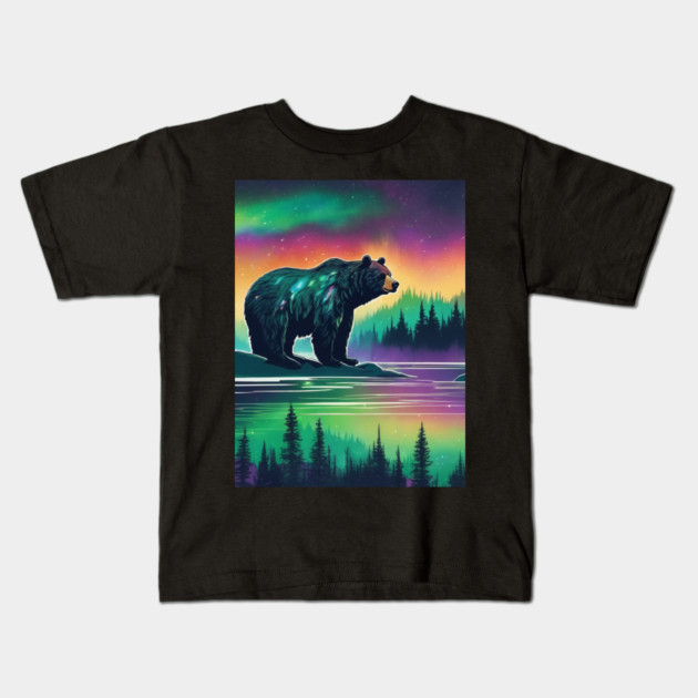 Brown Bear with Forest and Borealis, Colorful, Beautiful Kids T-Shirt by BirdsnStuff