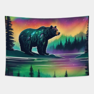 Brown Bear with Forest and Borealis, Colorful, Beautiful Tapestry