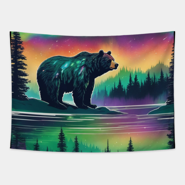 Brown Bear with Forest and Borealis, Colorful, Beautiful Tapestry by BirdsnStuff