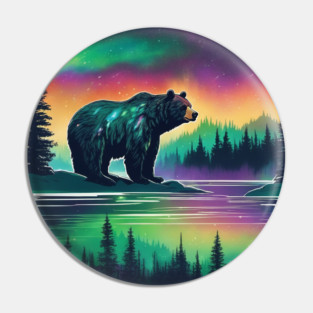 Brown Bear with Forest and Borealis, Colorful, Beautiful Pin