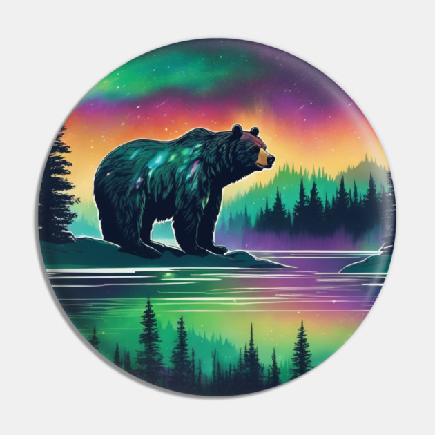 Brown Bear with Forest and Borealis, Colorful, Beautiful Pin by BirdsnStuff