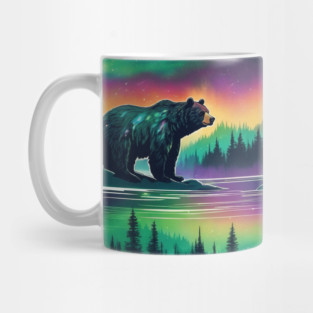 Brown Bear with Forest and Borealis, Colorful, Beautiful Mug