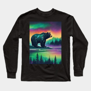 Brown Bear with Forest and Borealis, Colorful, Beautiful Long Sleeve T-Shirt