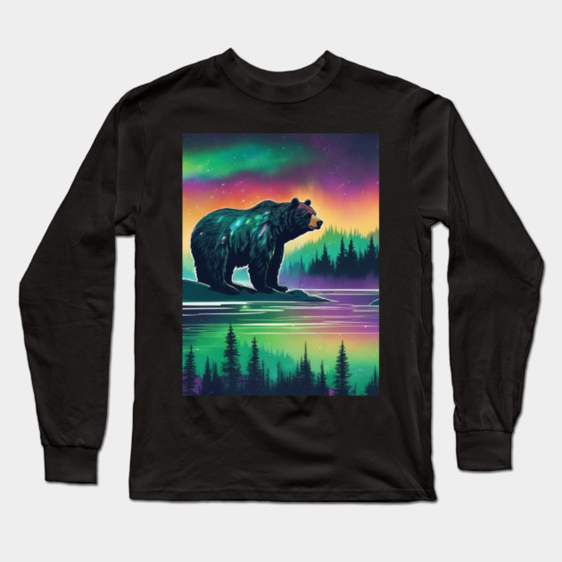 Brown Bear with Forest and Borealis, Colorful, Beautiful Long Sleeve T-Shirt by BirdsnStuff