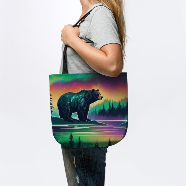 Brown Bear with Forest and Borealis, Colorful, Beautiful by BirdsnStuff