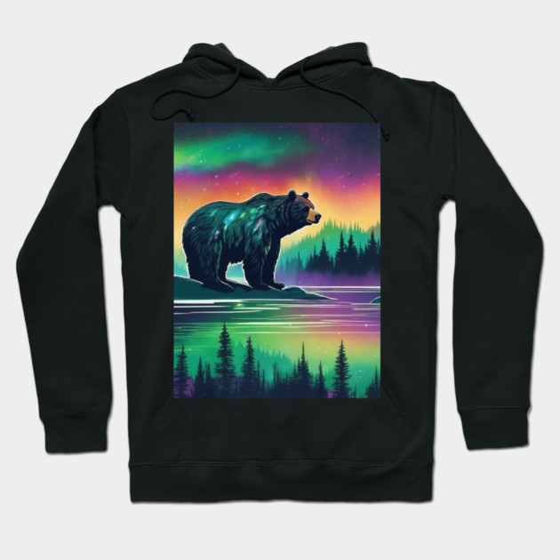 Brown Bear with Forest and Borealis, Colorful, Beautiful Hoodie by BirdsnStuff