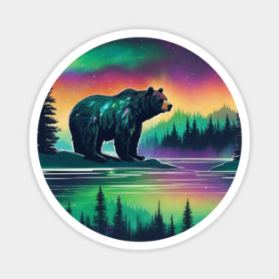 Brown Bear with Forest and Borealis, Colorful, Beautiful Magnet