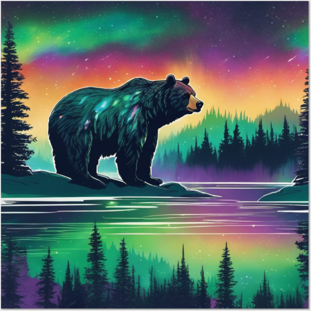 Brown Bear with Forest and Borealis, Colorful, Beautiful Wall Art by BirdsnStuff