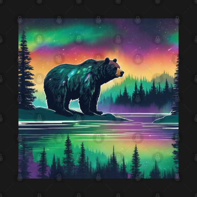 Brown Bear with Forest and Borealis, Colorful, Beautiful by BirdsnStuff