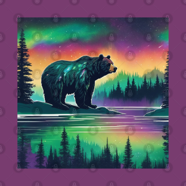 Brown Bear with Forest and Borealis, Colorful, Beautiful by BirdsnStuff
