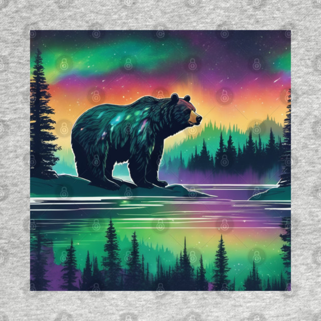 Brown Bear with Forest and Borealis, Colorful, Beautiful by BirdsnStuff