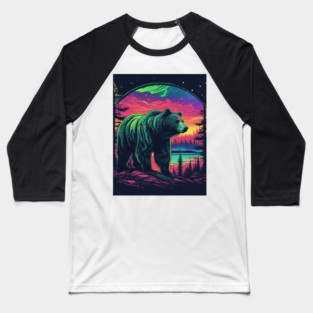 Brown Bear with Forest and Borealis, Colorful, Beautiful Baseball T-Shirt