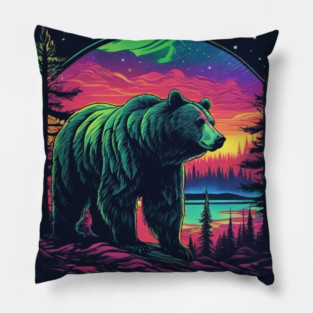 Brown Bear with Forest and Borealis, Colorful, Beautiful Pillow