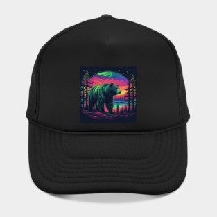 Brown Bear with Forest and Borealis, Colorful, Beautiful Hat