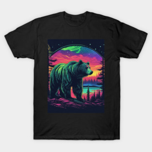 Brown Bear with Forest and Borealis, Colorful, Beautiful T-Shirt