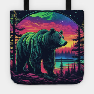 Brown Bear with Forest and Borealis, Colorful, Beautiful Tote