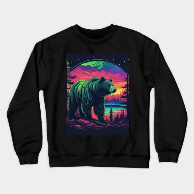 Brown Bear with Forest and Borealis, Colorful, Beautiful Crewneck Sweatshirt by BirdsnStuff