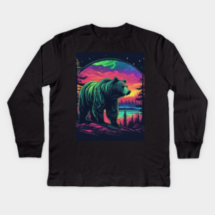 Brown Bear with Forest and Borealis, Colorful, Beautiful Kids Long Sleeve T-Shirt