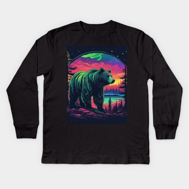 Brown Bear with Forest and Borealis, Colorful, Beautiful Kids Long Sleeve T-Shirt by BirdsnStuff