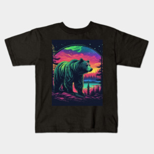 Brown Bear with Forest and Borealis, Colorful, Beautiful Kids T-Shirt