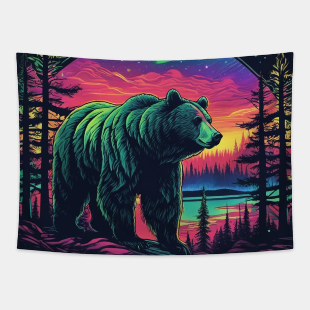 Brown Bear with Forest and Borealis, Colorful, Beautiful Tapestry by BirdsnStuff