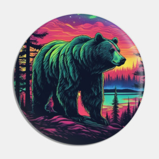 Brown Bear with Forest and Borealis, Colorful, Beautiful Pin