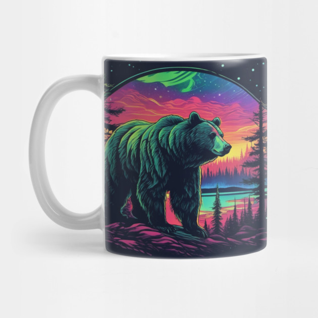 Brown Bear with Forest and Borealis, Colorful, Beautiful by BirdsnStuff