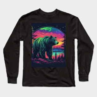 Brown Bear with Forest and Borealis, Colorful, Beautiful Long Sleeve T-Shirt