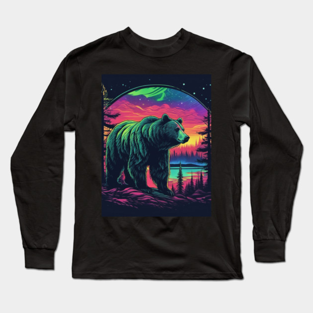 Brown Bear with Forest and Borealis, Colorful, Beautiful Long Sleeve T-Shirt by BirdsnStuff