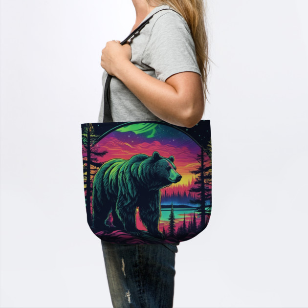 Brown Bear with Forest and Borealis, Colorful, Beautiful by BirdsnStuff