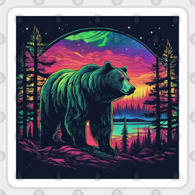 Brown Bear with Forest and Borealis, Colorful, Beautiful Sticker by BirdsnStuff