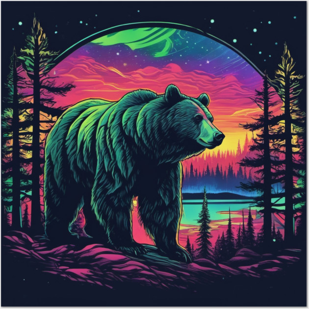 Brown Bear with Forest and Borealis, Colorful, Beautiful Wall Art by BirdsnStuff