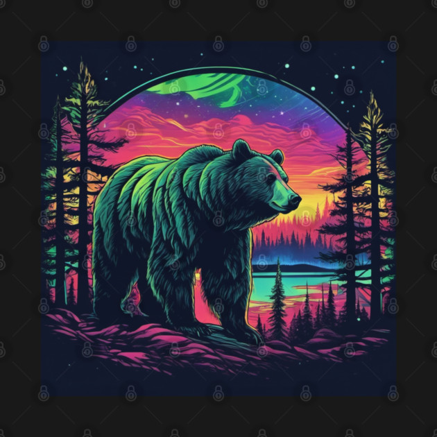Brown Bear with Forest and Borealis, Colorful, Beautiful by BirdsnStuff
