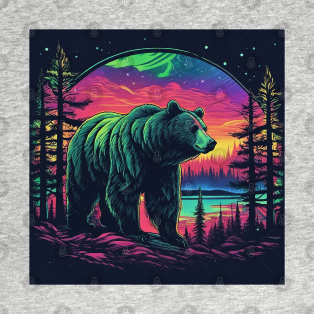 Brown Bear with Forest and Borealis, Colorful, Beautiful by BirdsnStuff