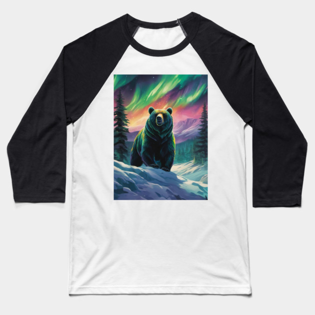 Brown Bear with Forest and Borealis, Colorful, Beautiful Baseball T-Shirt by BirdsnStuff