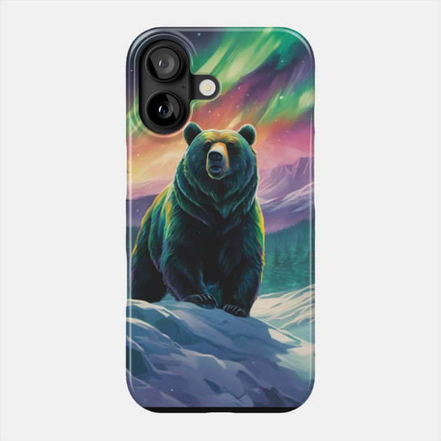 Brown Bear with Forest and Borealis, Colorful, Beautiful Phone Case by BirdsnStuff