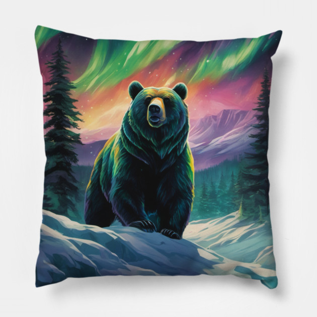 Brown Bear with Forest and Borealis, Colorful, Beautiful Pillow by BirdsnStuff