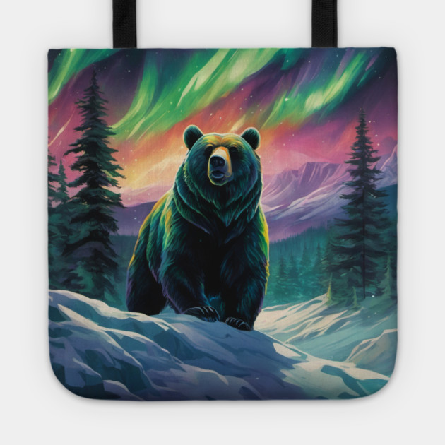 Brown Bear with Forest and Borealis, Colorful, Beautiful Tote by BirdsnStuff