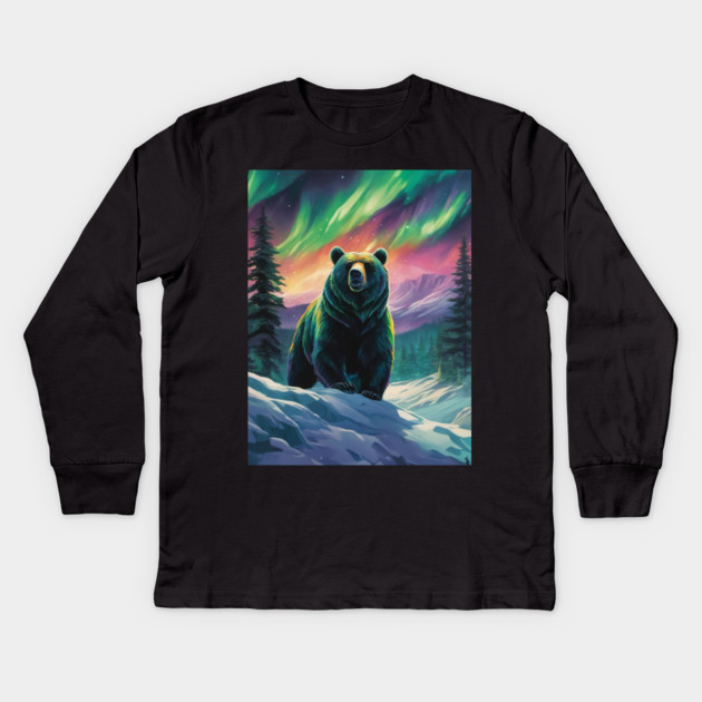 Brown Bear with Forest and Borealis, Colorful, Beautiful Kids Long Sleeve T-Shirt by BirdsnStuff