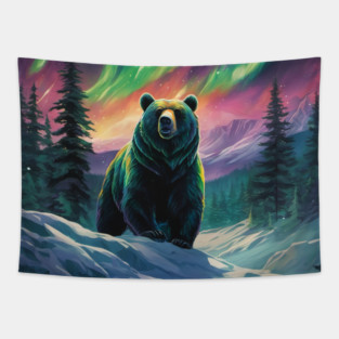 Brown Bear with Forest and Borealis, Colorful, Beautiful Tapestry