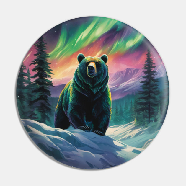 Brown Bear with Forest and Borealis, Colorful, Beautiful Pin by BirdsnStuff