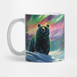 Brown Bear with Forest and Borealis, Colorful, Beautiful Mug
