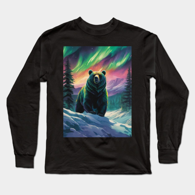 Brown Bear with Forest and Borealis, Colorful, Beautiful Long Sleeve T-Shirt by BirdsnStuff