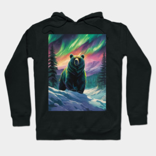 Brown Bear with Forest and Borealis, Colorful, Beautiful Hoodie