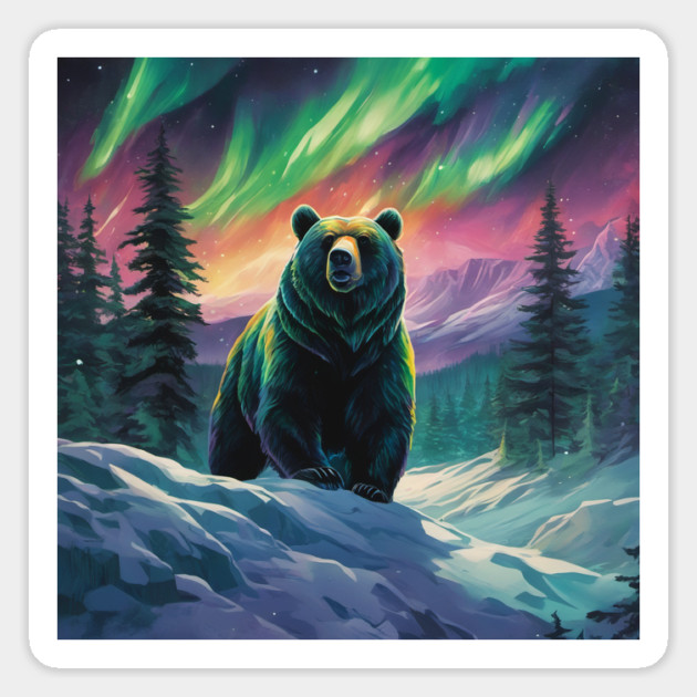 Brown Bear with Forest and Borealis, Colorful, Beautiful Magnet by BirdsnStuff