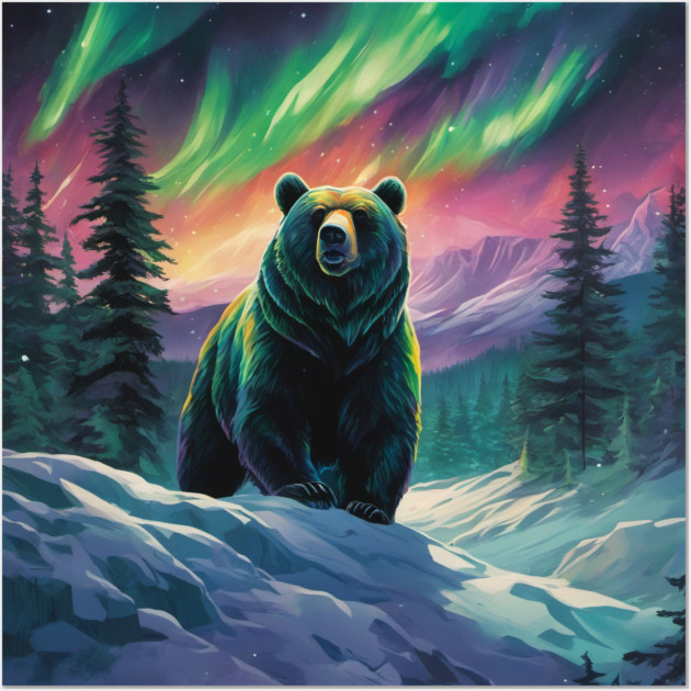Brown Bear with Forest and Borealis, Colorful, Beautiful Wall Art by BirdsnStuff