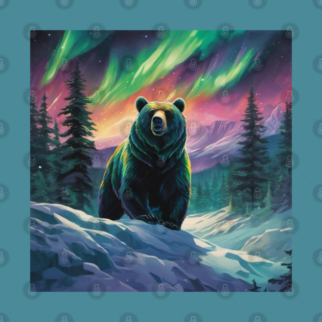 Brown Bear with Forest and Borealis, Colorful, Beautiful by BirdsnStuff