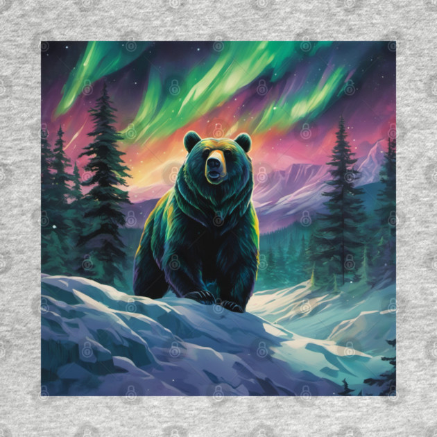 Brown Bear with Forest and Borealis, Colorful, Beautiful by BirdsnStuff