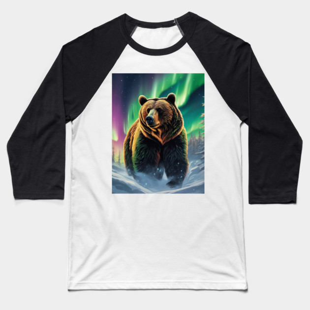 Brown Bear with Forest and Borealis, Colorful, Beautiful Baseball T-Shirt by BirdsnStuff