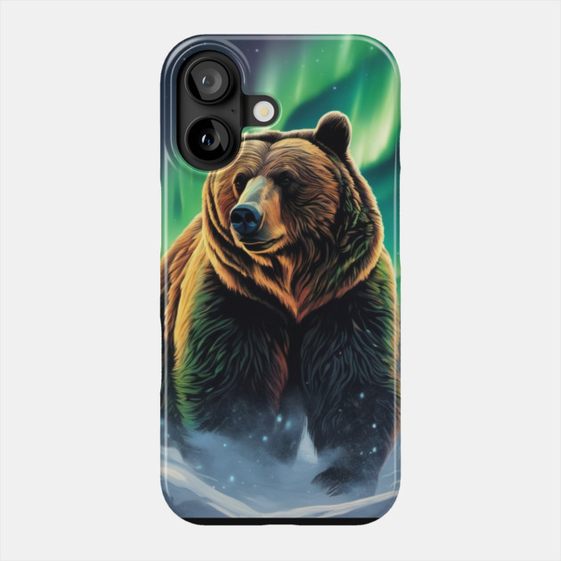 Brown Bear with Forest and Borealis, Colorful, Beautiful Phone Case by BirdsnStuff